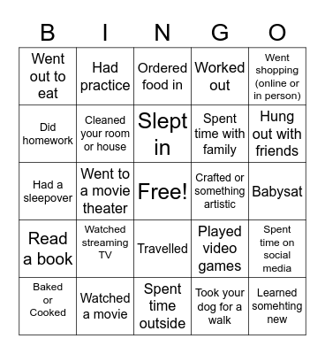 Weekend Bingo Card