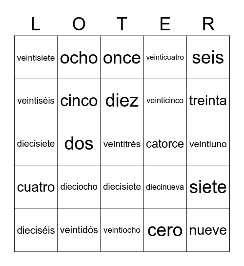 Los números 1-30 en palabras Bingo Card