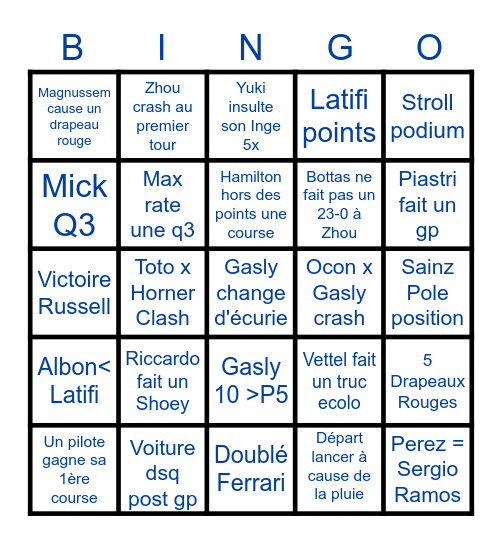 F1 2022 Bingo Card