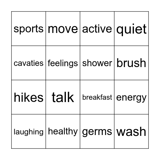 Healthy Me Bingo Card