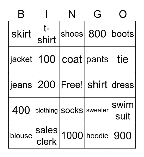 Clothing and Numbers Bingo Card