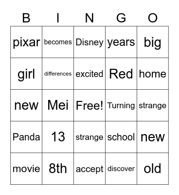Turning Red Movie Bingo Card