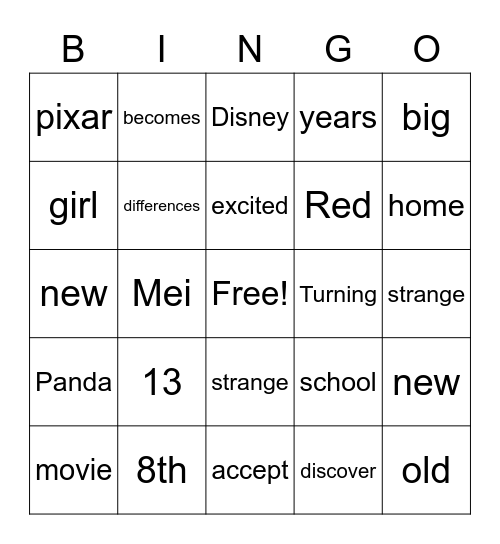 Turning Red Movie Bingo Card