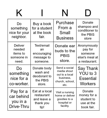 KABMS Kindness Bingo Card