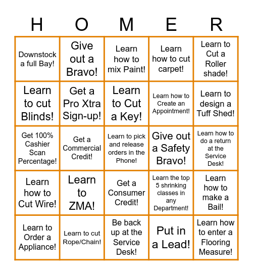 Home Depot Cross Training Bingo Card