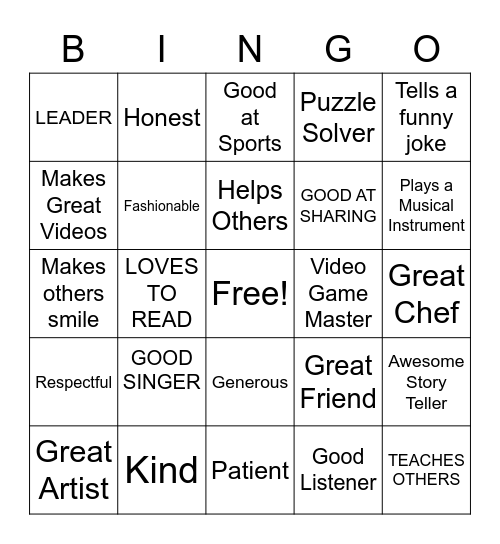 Self Esteem Bingo Card