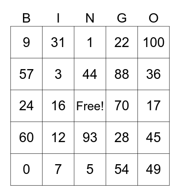 Number Recognition Bingo Card