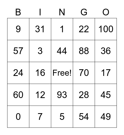 Number Recognition Bingo Card