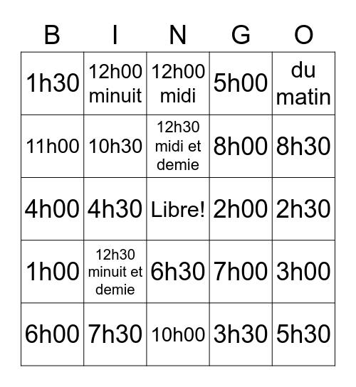 L'heure en chiffres Bingo Card