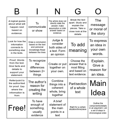 Academic Vocabulary Bingo Card