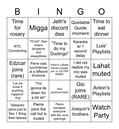 Shekel Shack VC Bingo Card