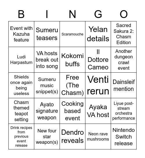 Genshin 2.6 Stream Bingo Card