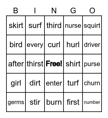 er, ir, ur Bingo Card