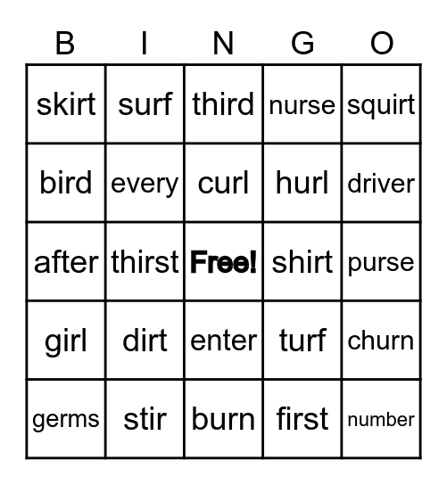 er, ir, ur Bingo Card