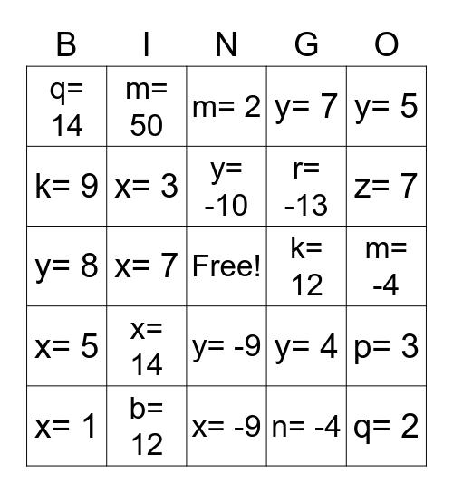 1 and 2 step equations Bingo Card