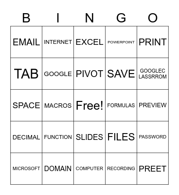 Computer Class Bingo Card