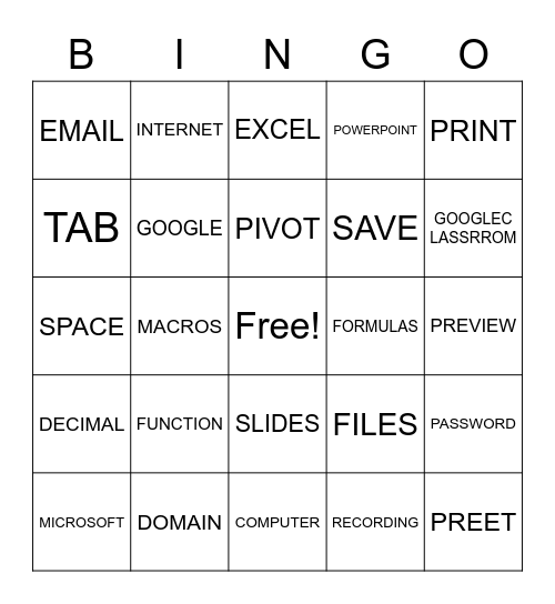 Computer Class Bingo Card