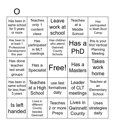 Teacher Bingo Card