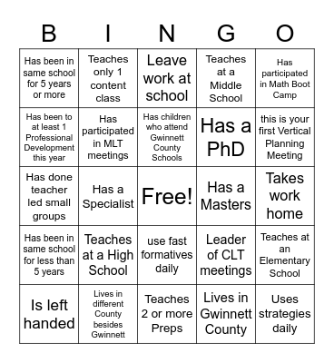 Teacher Bingo Card