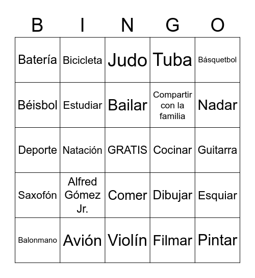 Actividades y Pasatiempos Bingo Card