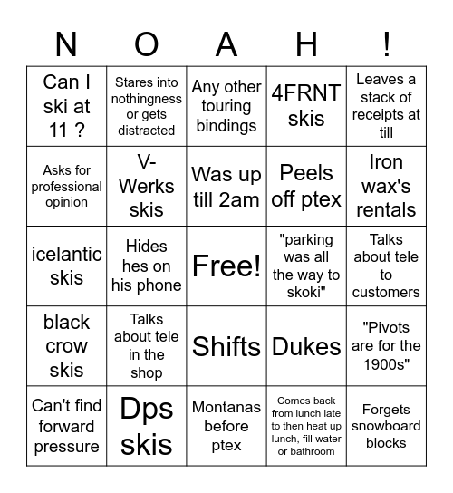 Noah's Nonsense Bingo Card
