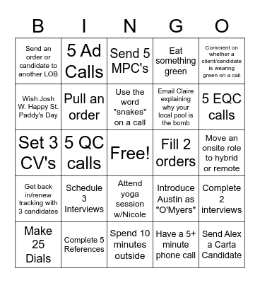 St. Patrick's Day Bingo Card