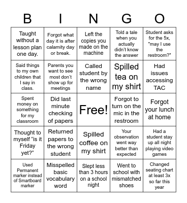 Never have I ever Teachers version Bingo Card