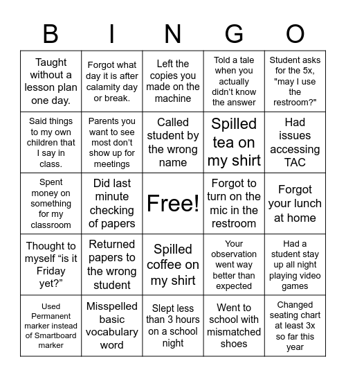 Never have I ever Teachers version Bingo Card