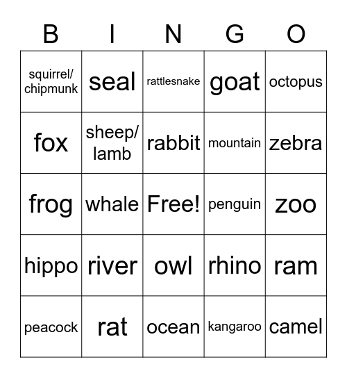 Animals Signs #2 Bingo Card