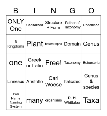 Classification BINGO Card