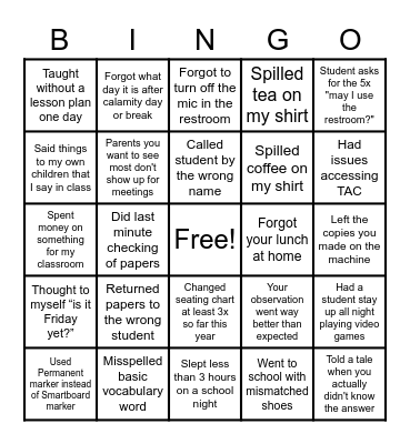Never have I ever Teachers version Bingo Card