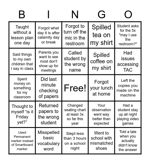 Never have I ever Teachers version Bingo Card