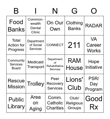 Community Resources Bingo Card