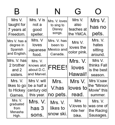 Mrs. Vandenberg Bingo Card