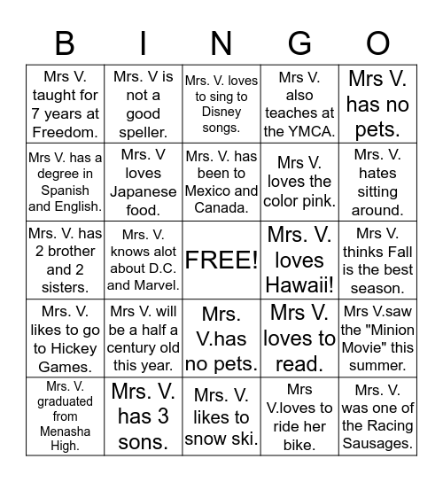 Mrs. Vandenberg Bingo Card