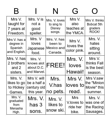 Mrs. Vandenberg Bingo Card