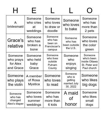 Bridal Hello Bingo! Bingo Card