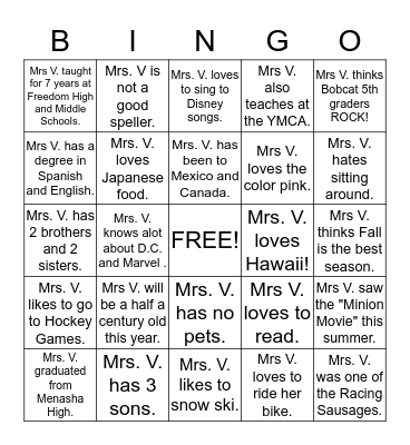Mrs. Vandenberg Bingo Card