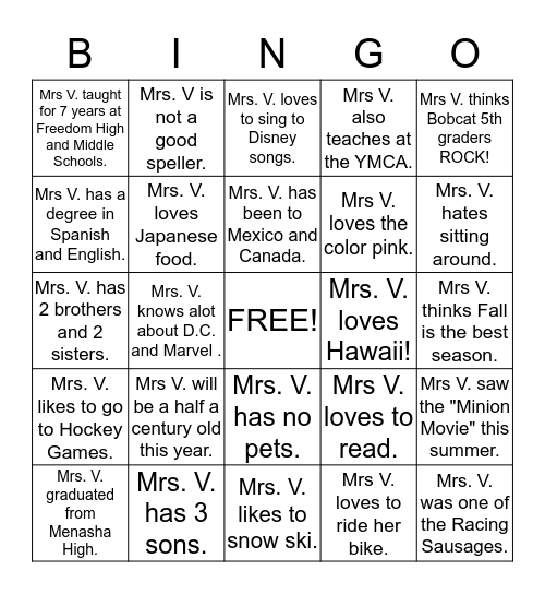 Mrs. Vandenberg Bingo Card