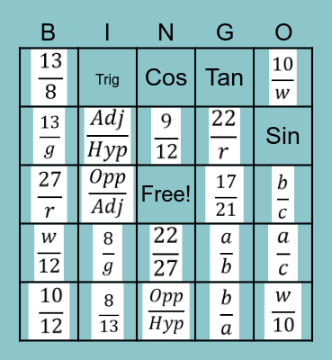Trig Bingo Card