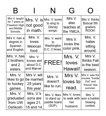 Mrs. Vandenberg Bingo Card