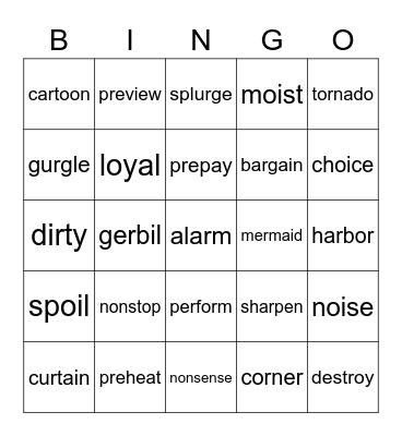 vowel diphthongs, prefixes, r controlled vowels Bingo Card