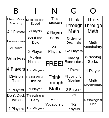 Math Workstations Bingo Card