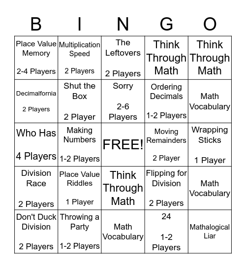 Math Workstations Bingo Card