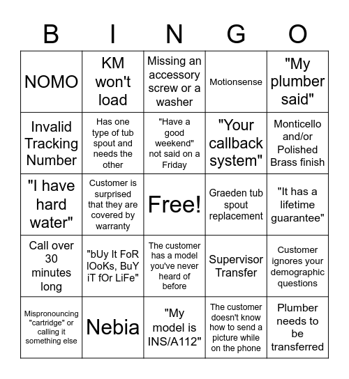 Moen Core Associate Bingo Card