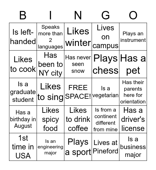 New Interntaional Student Mixer Bingo Card