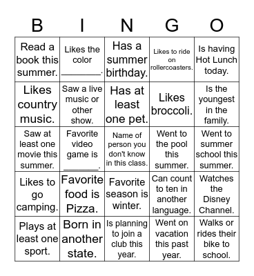 All About Me Bingo Card