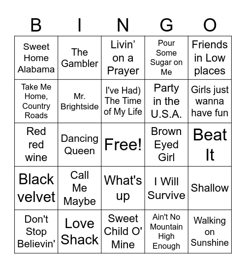 sing along songs Bingo Card