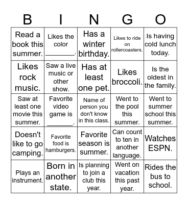 All About Me Bingo Card