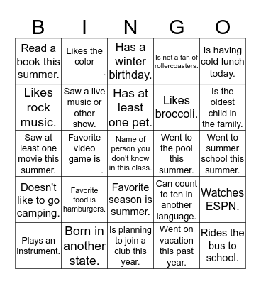 All About Me Bingo Card